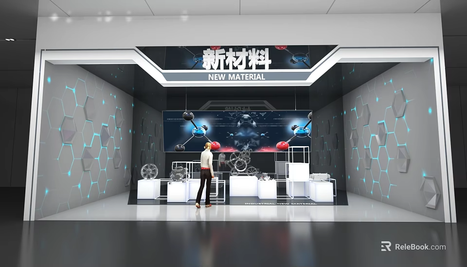 New Materials Exhibition Hall Interior With Tech Inspired Walls Display Counters And Large Screen 3d model 