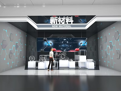 New Materials Exhibition Hall Interior With Tech Inspired Walls Display Counters And Large Screen 3d model