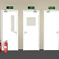 White Emergency Exit Doors With Glass Panels And Red Fire Extinguishers