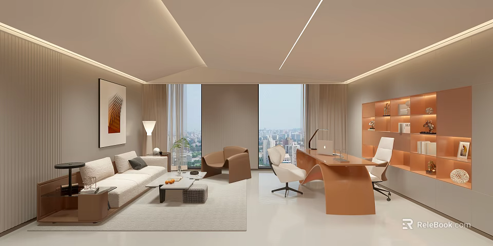 Modern Office Interior With Sofa Work Desk Ergonomic Chair Bookshelf Large Windows And City View 3d model 
