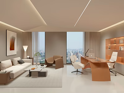 Modern Office Interior With Sofa Work Desk Ergonomic Chair Bookshelf Large Windows And City View 3d model