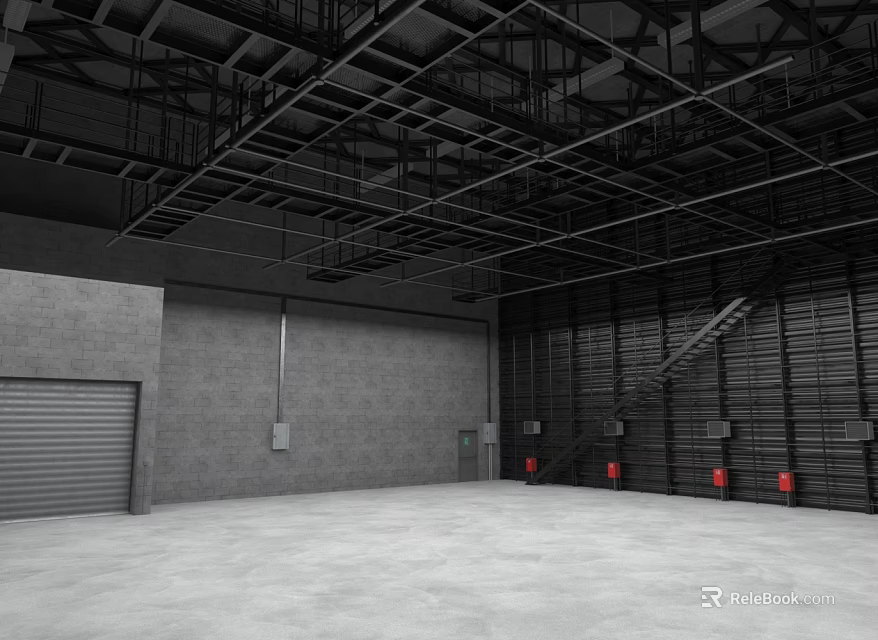 Industrial Warehouse Interior With Empty Space Gray Concrete Walls Roller Shutter Door Metal Ceiling And Metal Shelves 3d model 