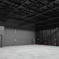 Industrial Warehouse Interior With Empty Space Gray Concrete Walls Roller Shutter Door Metal Ceiling And Metal Shelves
