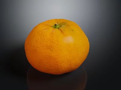 Fresh Ripe Orange Fruit with Smooth Textured Skin Green Stem on Black Reflective Surface 3d model