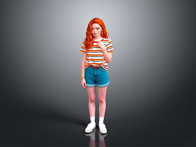 Woman With Red Hair Wearing Striped T-Shirt Denim Shorts And White Shoes On Gray Background 3d model