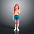Woman With Red Hair Wearing Striped T-Shirt Denim Shorts And White Shoes On Gray Background