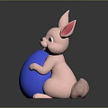 Cute Pink Rabbit Sitting And Holding Big Blue Egg On Gray Background