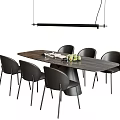Modern Rectangular Dining Table Set With Black Chairs Hanging Pendant Light And Fruits 3d model