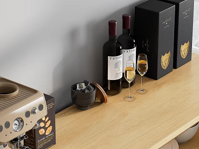 Elegant Wine Bottles and Wine Glasses with Black Gift Boxes on Wooden Counter 3d model