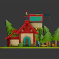 Cute Small House With Red And Blue Roofs Surrounded By Green Trees Lawn And Path