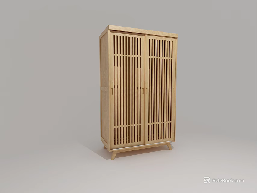 Natural Wood Wardrobe With Vertical Slat Doors Simple Design And Solid Structure 3d model