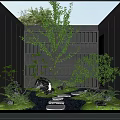 Serene Courtyard Garden With Black Walls Wooden Lattice Stone Path Green Plants And Rocks
