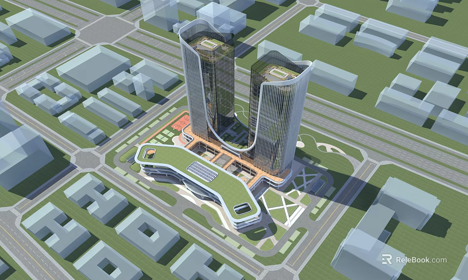 Modern High Rise Office Building Complex With Green Roofs In Urban City Area 3d model 