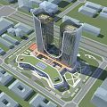Modern High Rise Office Building Complex With Green Roofs In Urban City Area