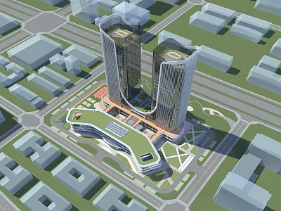 Modern High Rise Office Building Complex With Green Roofs In Urban City Area 3d model