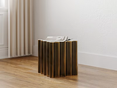 Modern Wooden Side Table with Vertical Striped Design on Wooden Floor and White Wall 3d model