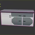 Modern White And Gray Storage Cabinet With Drawers Doors And Reflective Top Surface