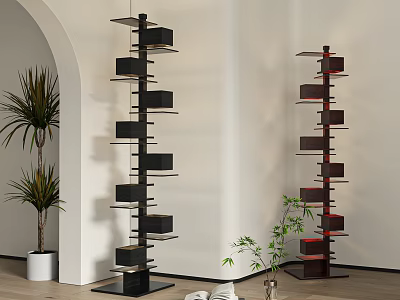 Modern Multi tiered Floor Lamp Design With Bookshelf In Interior With White Walls And Plants 3d model