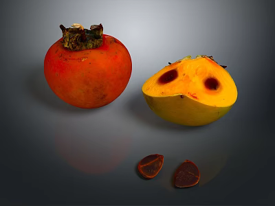 Fresh Whole Persimmon and Halved Persimmon with Seeds Showing Juicy Flesh 3d model