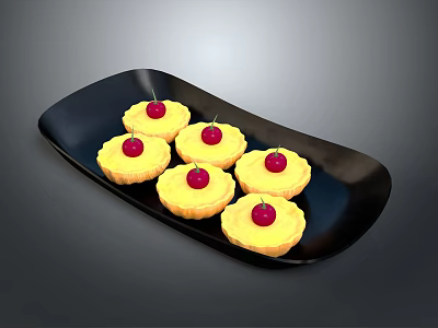 Six Delicious Yellow Tarts Topped With Red Cherries On Black Plate 3d model