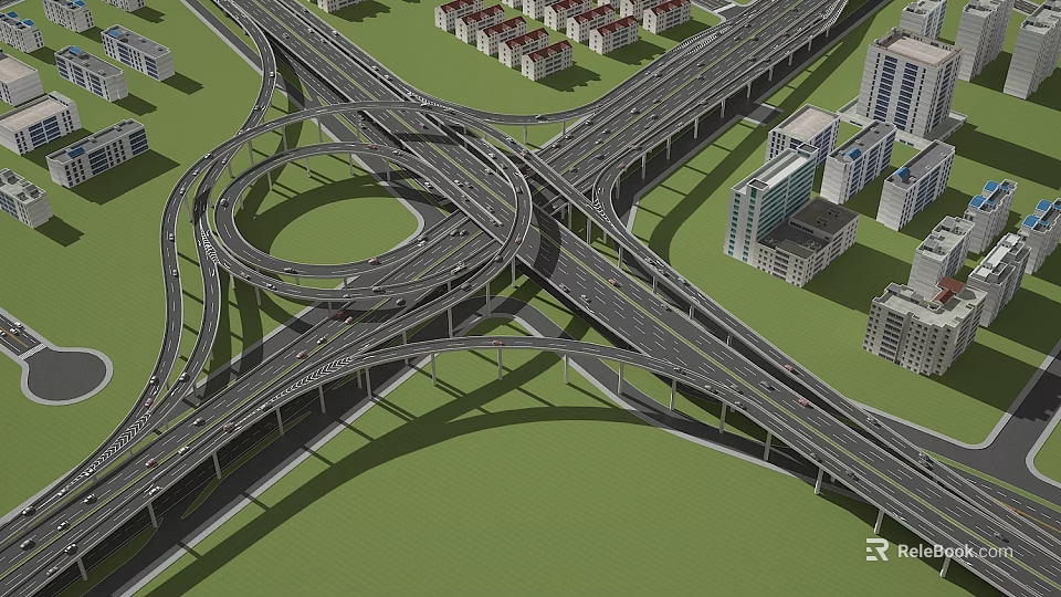 Complex Interchange Bridge Structure With Surrounding Residential High Rise Buildings And Green Area 3d model 