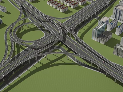 Complex Interchange Bridge Structure With Surrounding Residential High Rise Buildings And Green Area 3d model