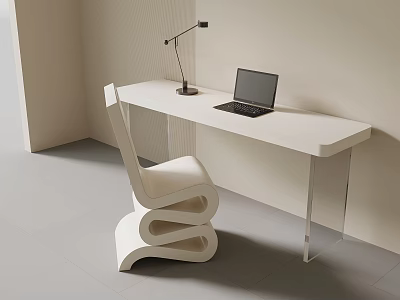 Modern White Desk With Laptop Table Lamp Unique Curved Chair And Clear Legs 3d model
