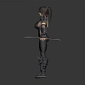 Female Game Movie Character In Black Bodysuit With Shoulder Armor And Dual Swords