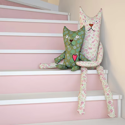 Cute Fabric Cat Dolls Sitting On Pink Stairs With Green Heart And Pink Floral Patterns 3d model
