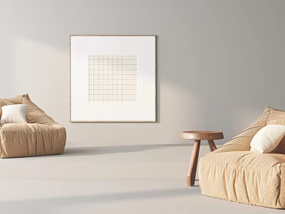 Modern Beige Single Sofa with Soft Upholstery and Grid Painting on Light Wall 3d model