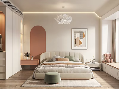 Modern Bedroom Interior With Cozy Bed Stylish Chandelier Abstract Painting Wooden Floor And Soft Rug 3d model