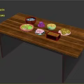 Wooden Dining Table with Gray Legs and Various Bowls Plates Holding Fruits Snacks