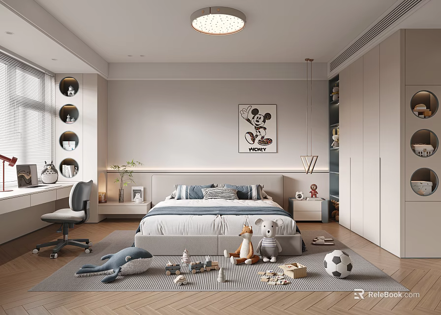 Modern Kids Room Interior Featuring Bed Desk Chair Toys Rug And Cabinets 3d model 