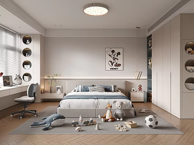 Modern Kids Room Interior Featuring Bed Desk Chair Toys Rug And Cabinets 3d model