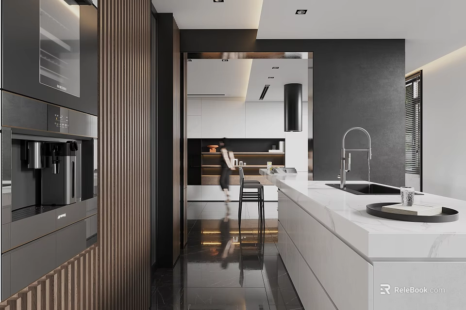 Modern Restaurant Open Kitchen Design With Island Counter And Contemporary Appliances 3d model 