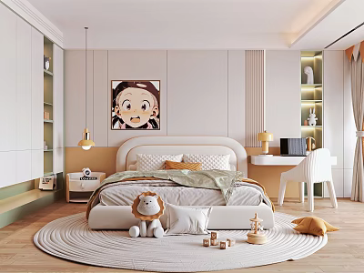 Cozy Kids Room Interior With Bed Cartoon Art Stuffed Lion Toy Round Rug Desk Chair 3d model