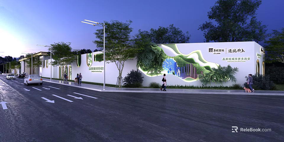 Modern Green Community Fence Decorated with Lush Plants in Night Scene and Pedestrians 3d model 