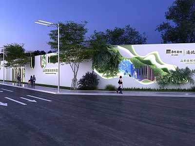 Modern Green Community Fence Decorated with Lush Plants in Night Scene and Pedestrians 3d model