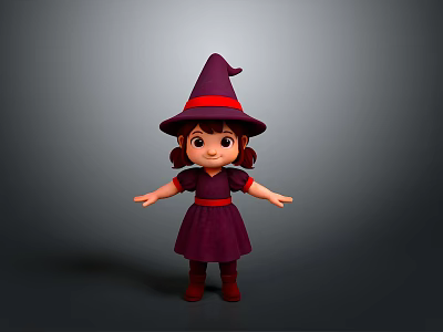 Cute Little Girl Character Wearing Purple Witch Hat With Red Dress And Open Arms 3d model