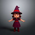 Cute Little Girl Character Wearing Purple Witch Hat With Red Dress And Open Arms