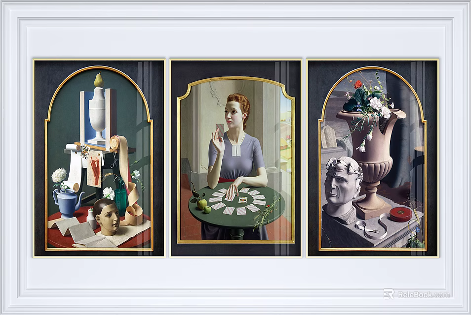 Vintage Framed Artwork Featuring Woman Seated At Table With Sculptures And Vases 3d model 