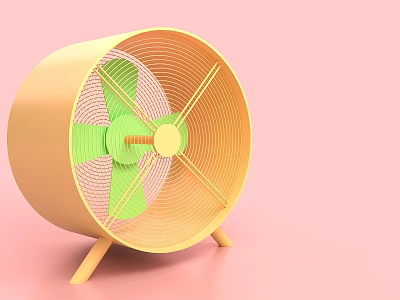 Interactive Zone Displaying Yellow Fan With Green Blades On Pink Background 3d model