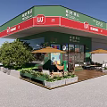 Convenience Store Green Red Storefront With Outdoor Seating Umbrellas And Glass Display Windows