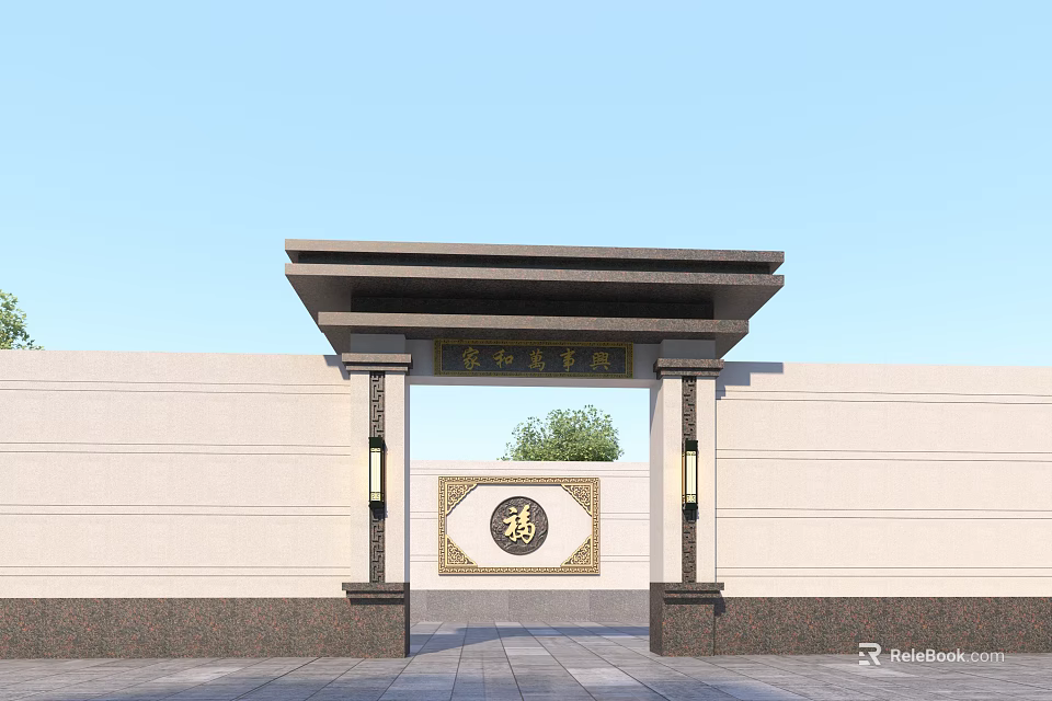 Chinese Traditional Gateway Design With White Wall Fu Character Plaque And Decorative Lights 3d model 