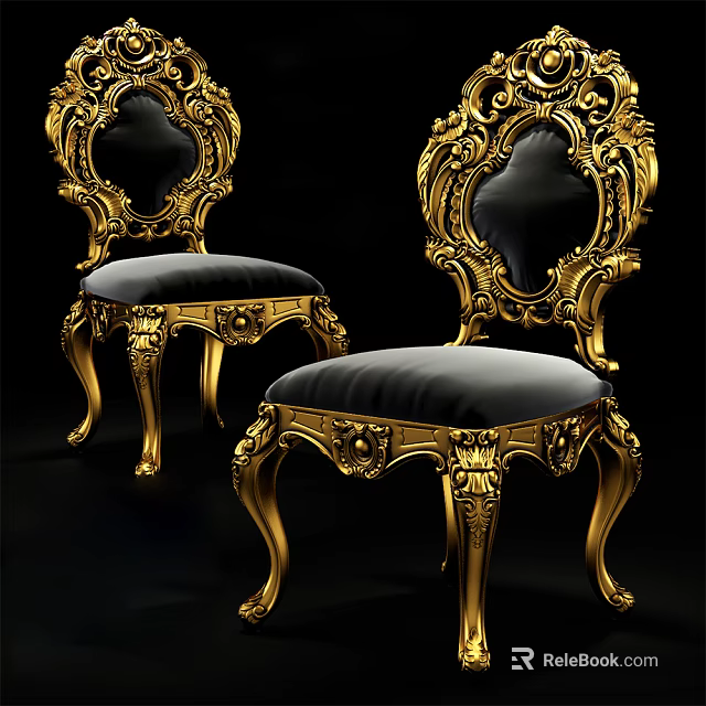Ornate Gold Carved Dining Chairs With Black Velvet Seats And Luxurious Design 3d model 