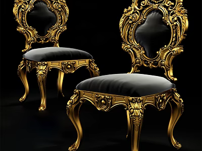 Ornate Gold Carved Dining Chairs With Black Velvet Seats And Luxurious Design 3d model