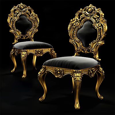 Ornate Gold Carved Dining Chairs With Black Velvet Seats And Luxurious Design 3d model