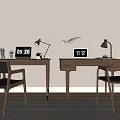 Modern Wooden Desks Home Office Interior With Table Lamps Chairs Digital Clocks And Small Plant