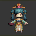Vibrant Cartoon Character With Teal Double Ponytails Ornate Headdress Colorful Traditional Costume Holding Pink Object