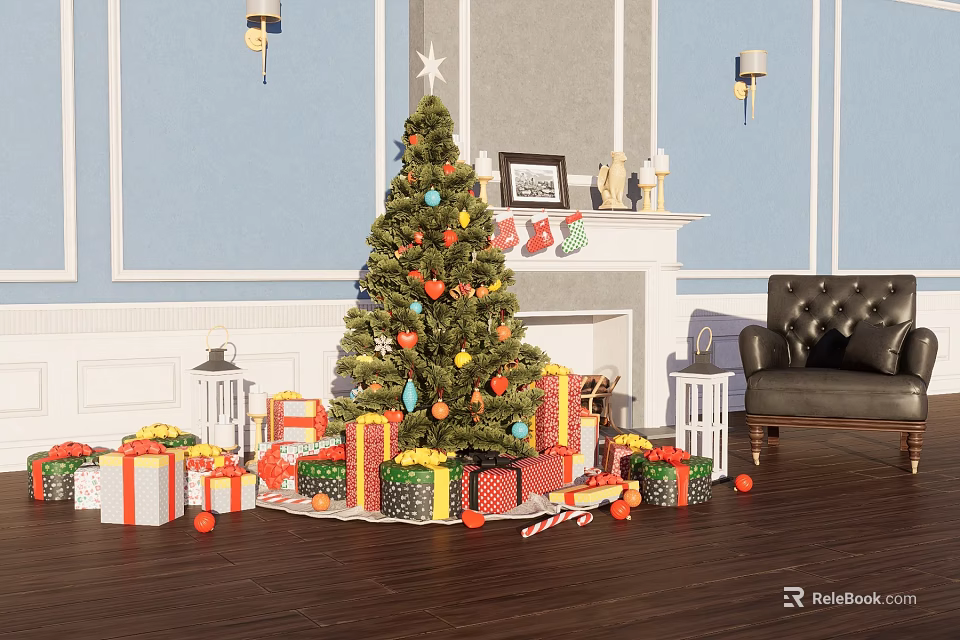 Christmas Decorative Ornament Set with Tree Gift Boxes Lanterns and Candy Canes 3d model 